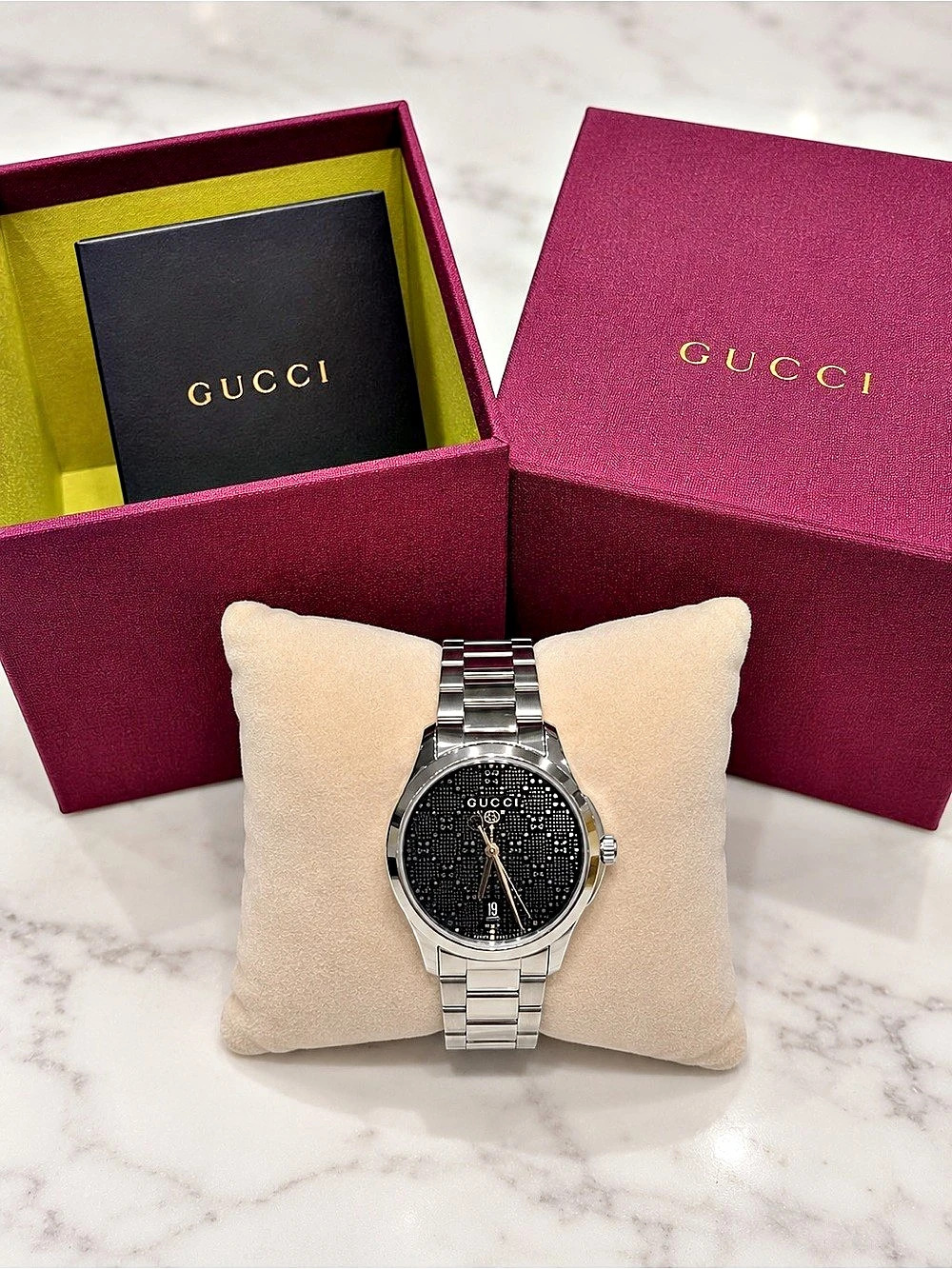 Gucci G-Timeless Black Dial Micro-GG Stainless Steel Watch